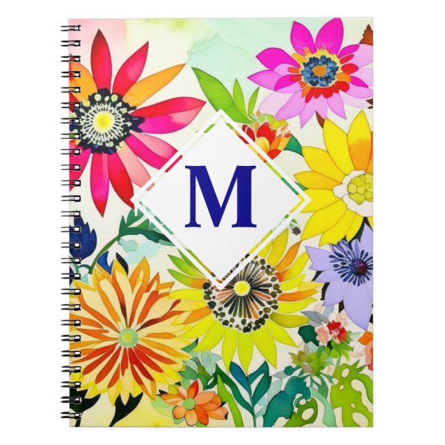 Watercolor Flowers Monogrammed  Notebook (Front)