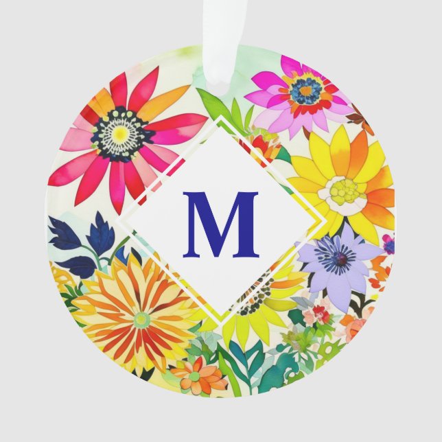 Watercolor Flowers Monogrammed  Ornament (Front)