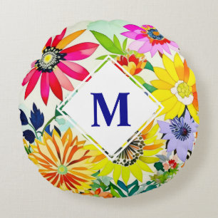 Watercolor Flowers Monogrammed Round Cushion