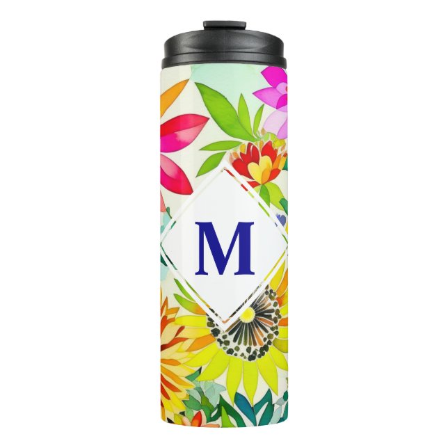 Watercolor Flowers Monogrammed  Thermal Tumbler (Front)