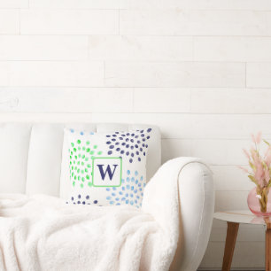 Watercolor Flowers Mums Navy Green Blue Monogram Cushion