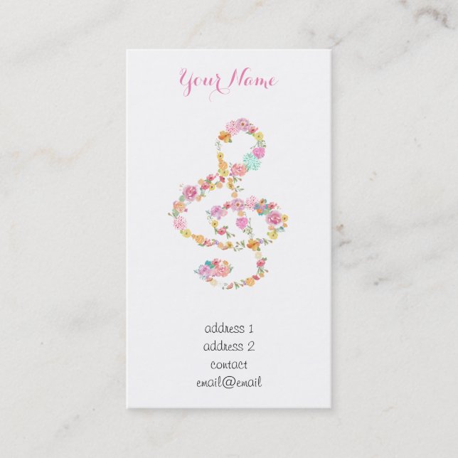watercolor flowers music treble clef business card (Front)
