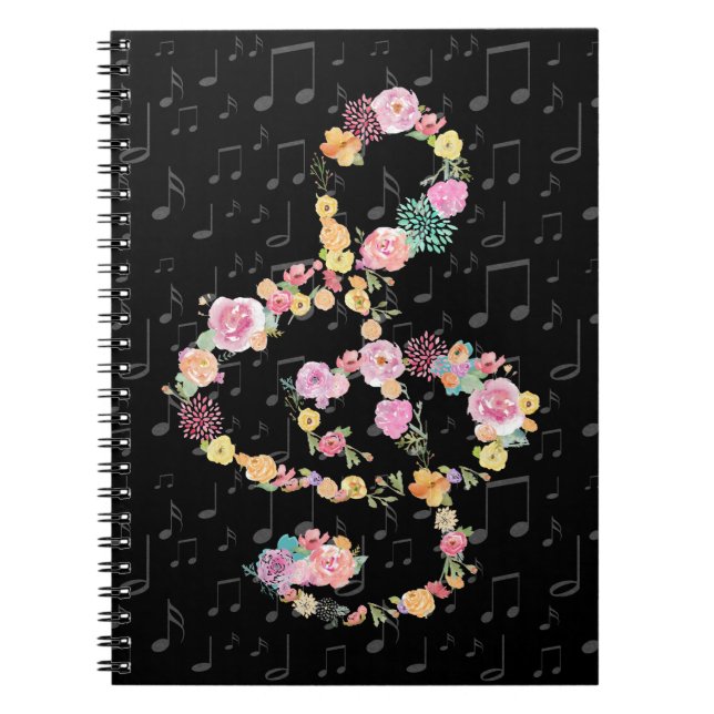 watercolor flowers music treble clef on black spiral notebook (Front)
