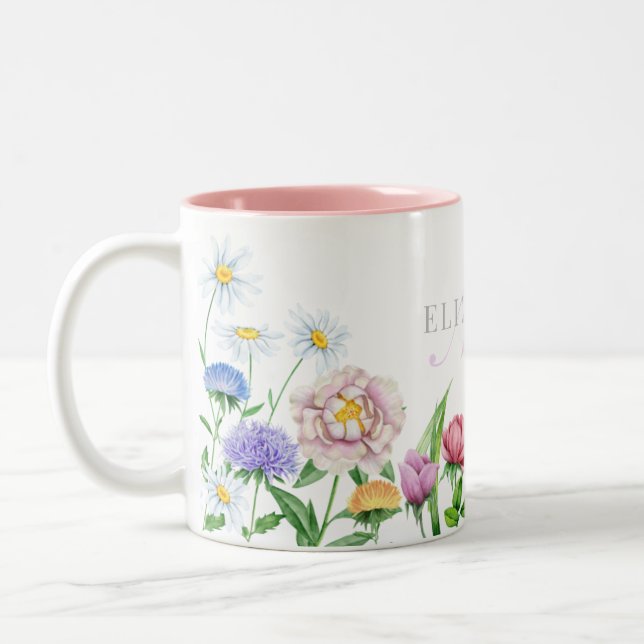Watercolor Flowers Name & Monogram Two-Tone Mug (Left)
