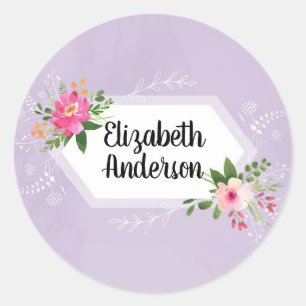 Watercolor flowers name trendy boho classic round sticker