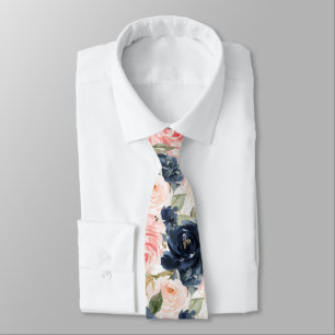 Watercolor Flowers Navy Blue Blush Pink Roses Tie