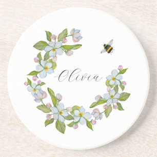 Watercolor flowers of garden trees and bumblebee coaster