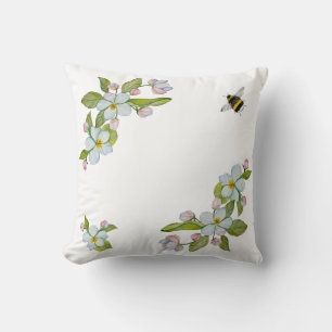Watercolor flowers of garden trees and bumblebee cushion