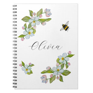 Watercolor flowers of garden trees and bumblebee notebook