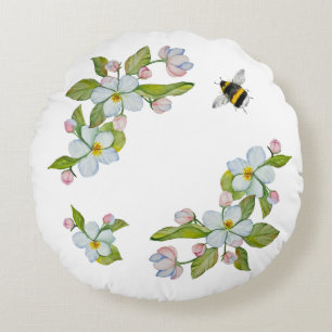 Watercolor flowers of garden trees and bumblebee round cushion