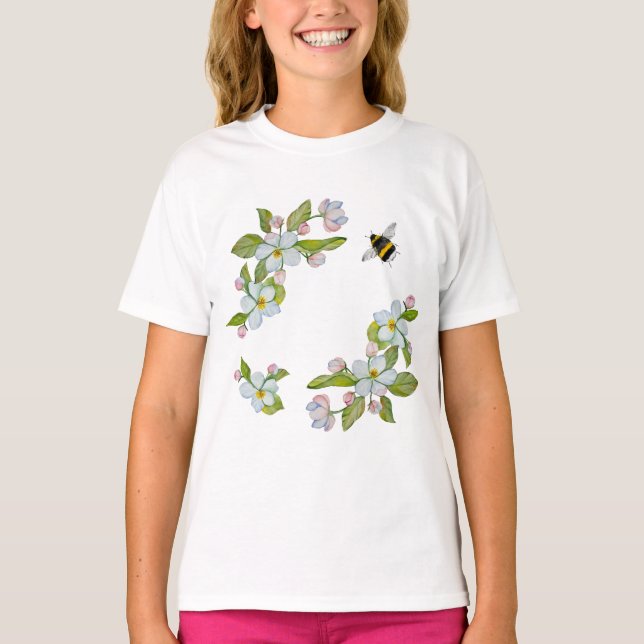 Watercolor flowers of garden trees and bumblebee T-Shirt (Front)