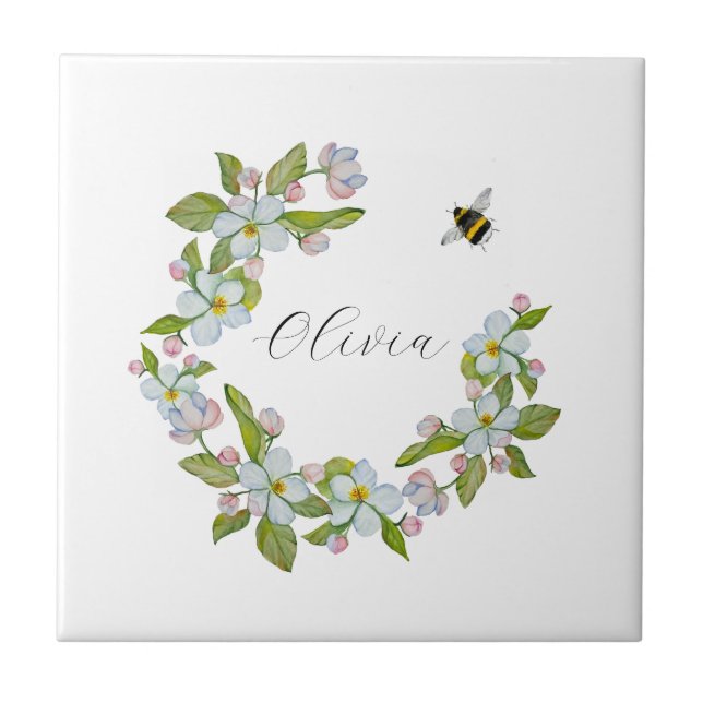 Watercolor flowers of garden trees and bumblebee tile (Front)