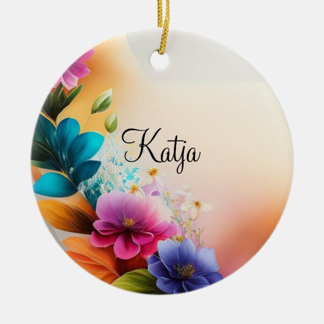 Watercolor Flowers on Crescent Moon Ceramic Tree Decoration (Front)