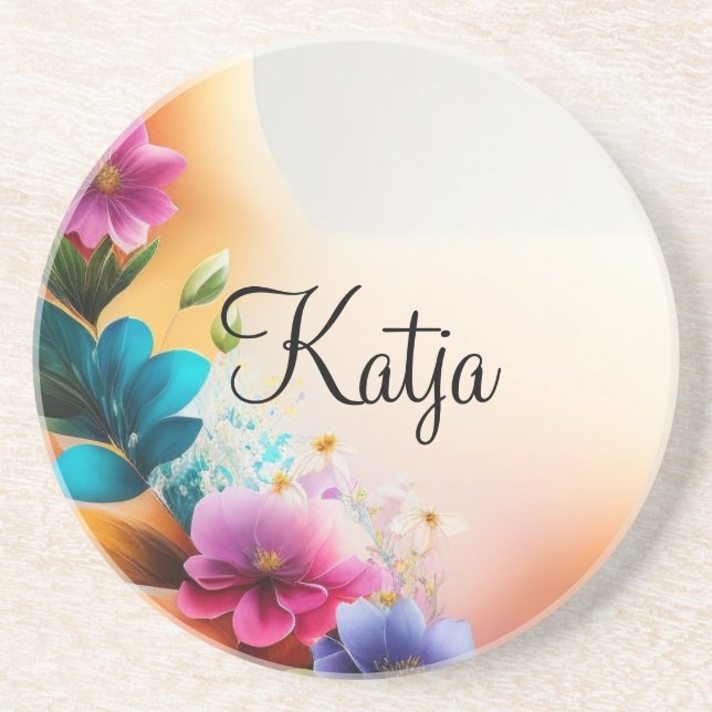 Watercolor flowers on crescent moon coaster (Front)