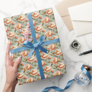 Watercolor Flowers on Green Wrapping Paper