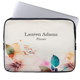 Watercolor flowers pastel colours custom name laptop sleeve