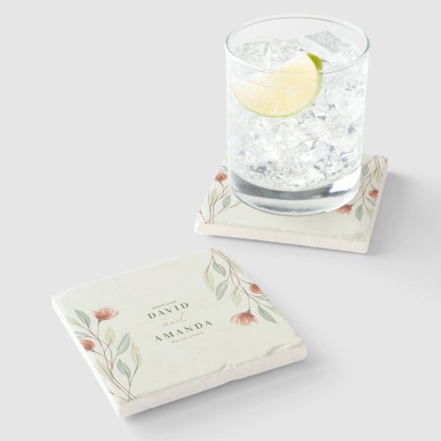 Watercolor Flowers Pastel Green Stone Coaster (Side)