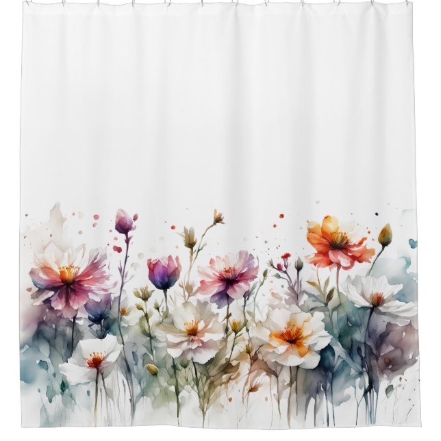 Watercolor Flowers Pastel Minimal Botanical Shower Curtain (Front)