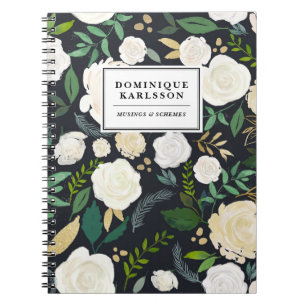 Watercolor Flowers Pattern in Faux Chalkboard Gold Spiral Notebook