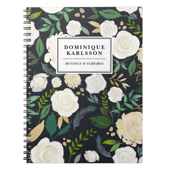 Watercolor Flowers Pattern in Faux Chalkboard Gold Spiral Notebook (Front)