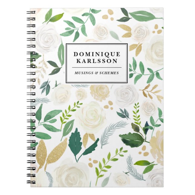 Watercolor Flowers Pattern with Faux Gold Glitter Notebook (Front)