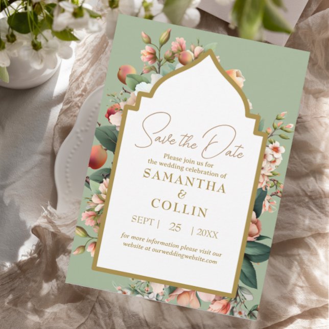 Watercolor Flowers Peach Sage Green Save the Date Invitation (Creator Uploaded)