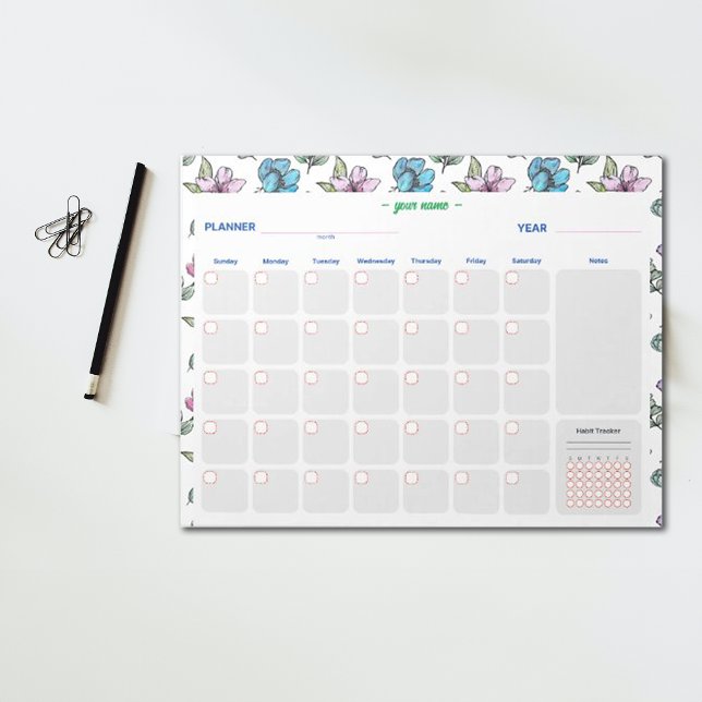 Watercolor Flowers Personalise Monthly Planner Notepad (Creator Uploaded)