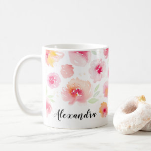 Watercolor Flowers Personalised Name Coffee Mug