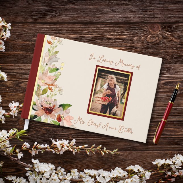 Watercolor Flowers Photo Cover Funeral Guest Book (Creator Uploaded)