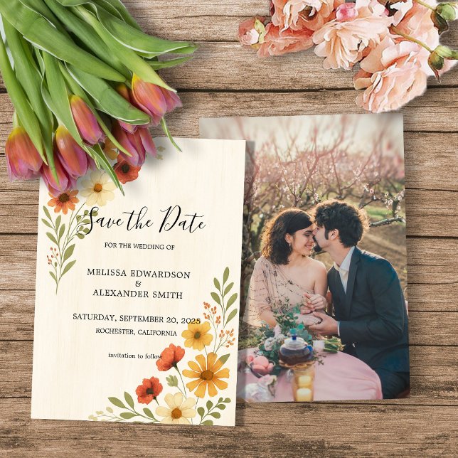 Watercolor flowers photo wedding Save the date Invitation (Watercolor flowers photo boho wedding Save the date Invitation.)