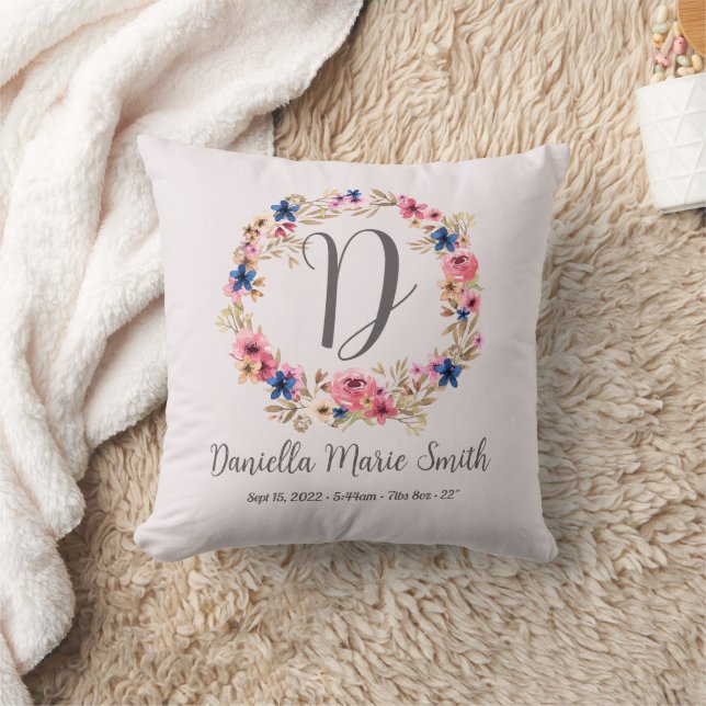 Watercolor Flowers Pink Baby Girl Name Birth Stats Cushion (Blanket)