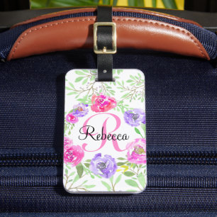 Watercolor Flowers Pink Monogram Luggage Tag