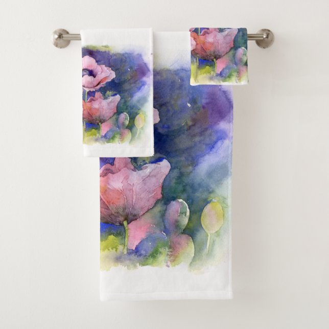 Watercolor flowers pink poppy illustration flowers bath towel set (Insitu)