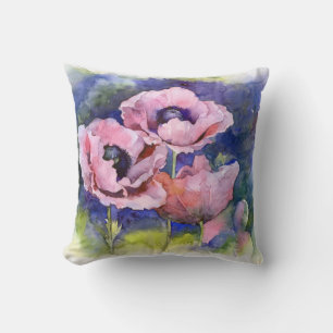 Watercolor flowers pink poppy illustration flowers cushion