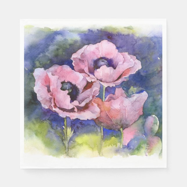 Watercolor flowers pink poppy illustration flowers napkin (Front)