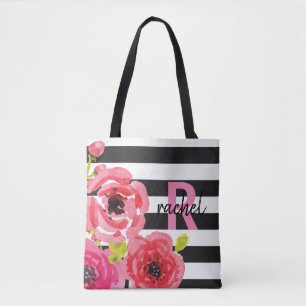 Watercolor Flowers Pink & Stripes Monogrammed Tote Bag