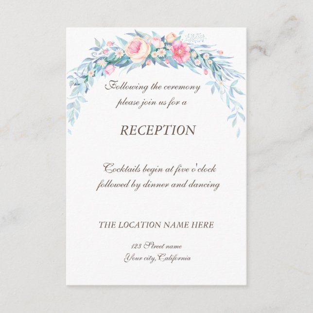 Watercolor Flowers Polka Dots  Wedding Reception Enclosure Card (Front)