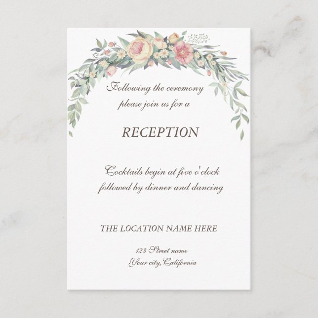 Watercolor Flowers, Polka Dots  Wedding Reception Enclosure Card (Front)