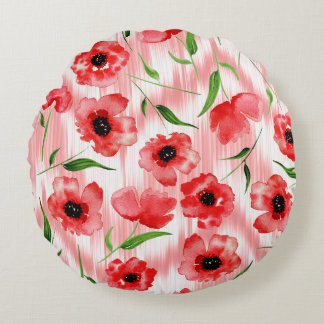 Watercolor flowers: poppy peony ikat. round cushion