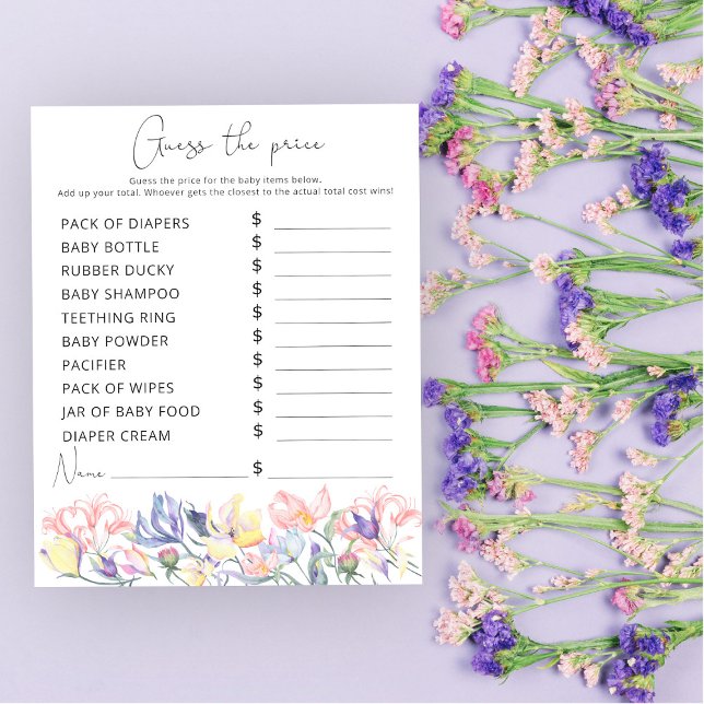 Watercolor flowers Price Guess game baby shower (Creator Uploaded)