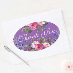 Watercolor Flowers Purple Oval Stickers