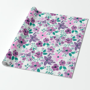 Watercolor Flowers Purple Pink Botanical Wrapping Paper