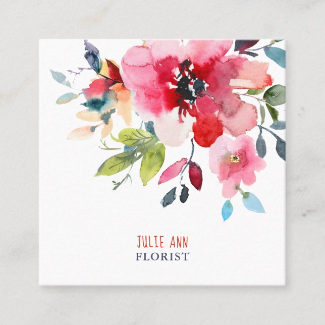 WATERCOLOR FLOWERS, RED OMBRE SQUARE BUSINESS CARD (Front)