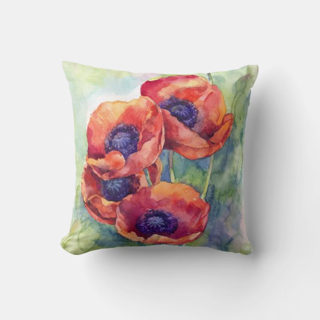 Watercolor flowers red poppy illustration flowers cushion (Front)