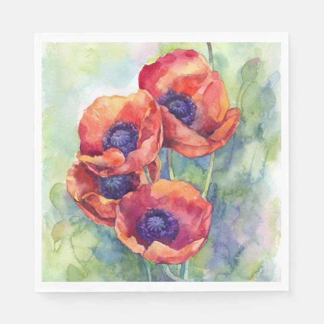 Watercolor flowers red poppy illustration flowers napkin (Front)