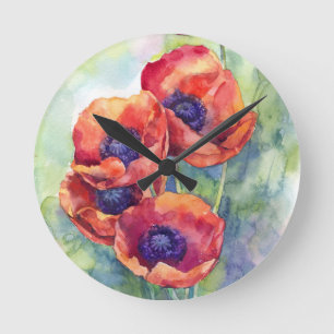 Watercolor flowers red poppy illustration flowers round clock