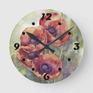Watercolor flowers red poppy illustration flowers round clock