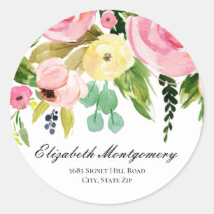 Watercolor Flowers Return Address Classic Round Classic Round Sticker