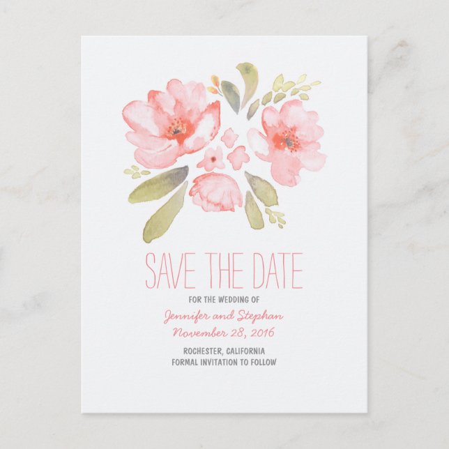 Watercolor flowers romantic save the date announcement postcard (Front)
