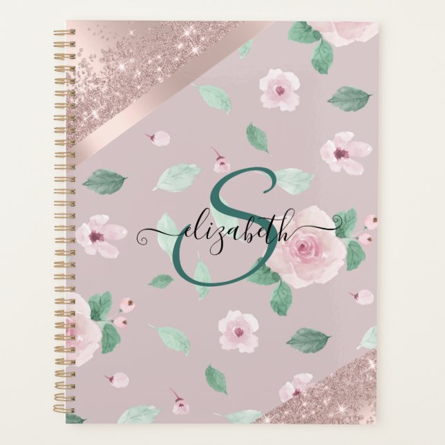 Watercolor Flowers Rose Gold Monogram Planner (Front)